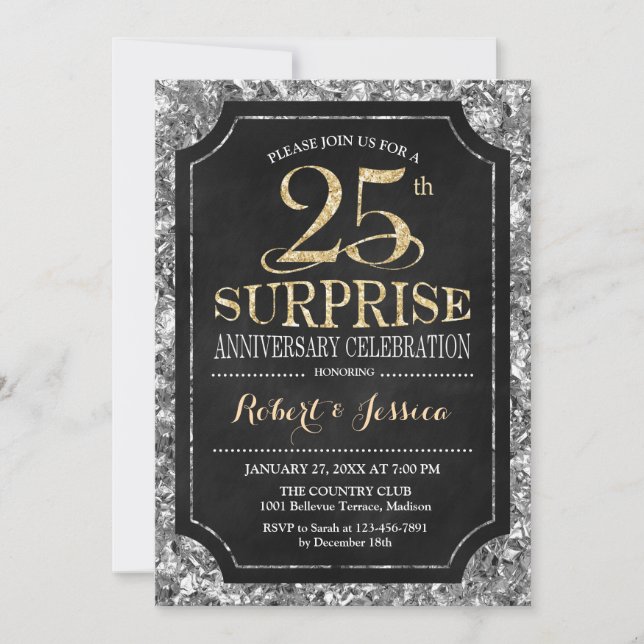 Invitation 25e anniversaire du Mariage surprise - Silver Gold (Devant)