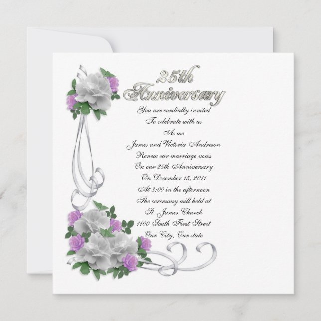 Invitation 25e anniversaire du Mariage vow renouveau Roses bl (Devant)