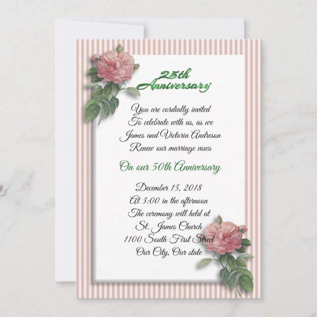 Invitation 25e anniversaire du Mariage vow renouveau roses ro (Devant)