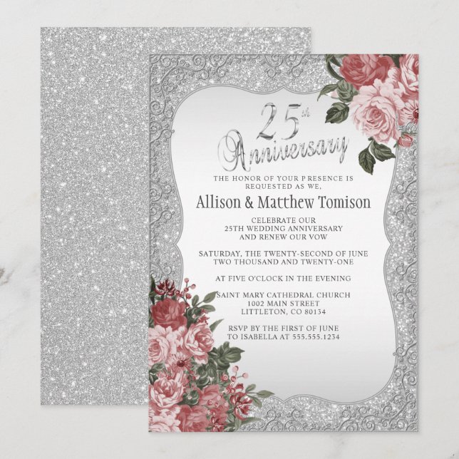 Invitation 25e anniversaire du Silver Glitter | Floral blush (Devant / Derrière)