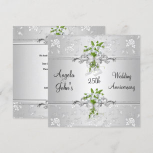 Invitation 25e Anniversaire Élégant Argent Blanc Floral