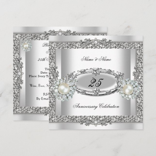 Invitation 25e Anniversaire Elégant Blanc Argent Perle Dentel (Devant / Derrière)