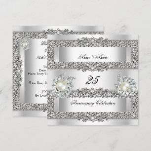 Invitation 25e Anniversaire Elégant Blanc Perle Argentée Dent