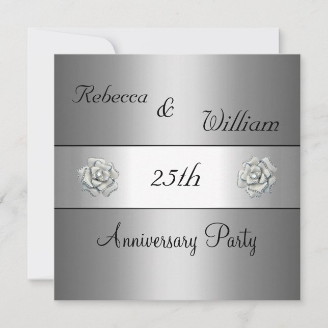 Invitation 25e anniversaire Elegant Silver Rose Party (Devant)
