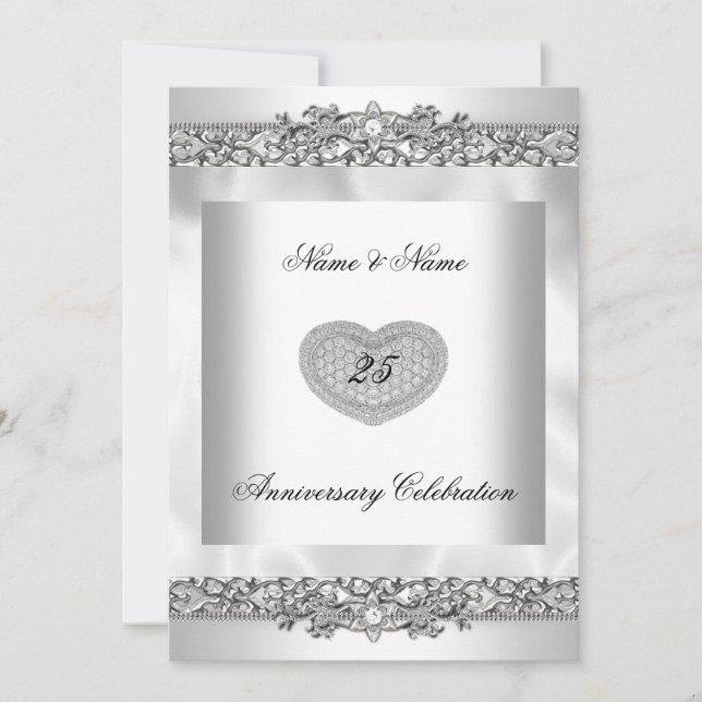 Invitation 25e Anniversaire Elégante White Silver Heart Lace  (Devant)
