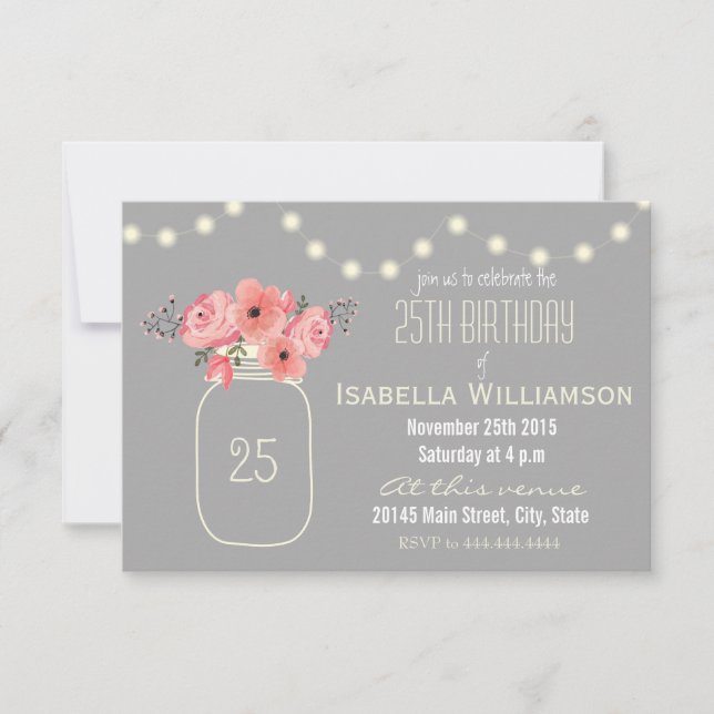 Invitation 25e anniversaire Fleurs d'aquarelle rose et Mason  (Devant)