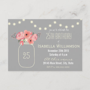 Invitation 25e anniversaire Fleurs d'aquarelle rose et Mason