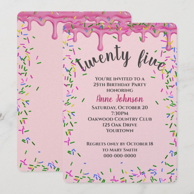 Invitation 25e Anniversaire Glacé Rose Et Saupoudrés (Devant / Derrière)