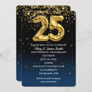 Invitation 25e anniversaire Gold Balloons & Confetti Invitat