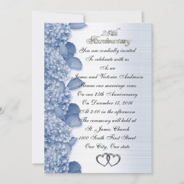Invitation 25e anniversaire Mariage bleu Hydrangea (Devant)