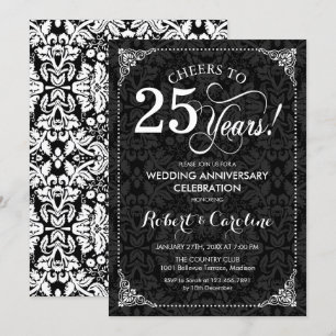 Invitation 25e anniversaire Mariage - Damas noir blanc