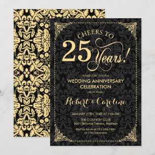Invitation 25e anniversaire Mariage - Damas noir d'or