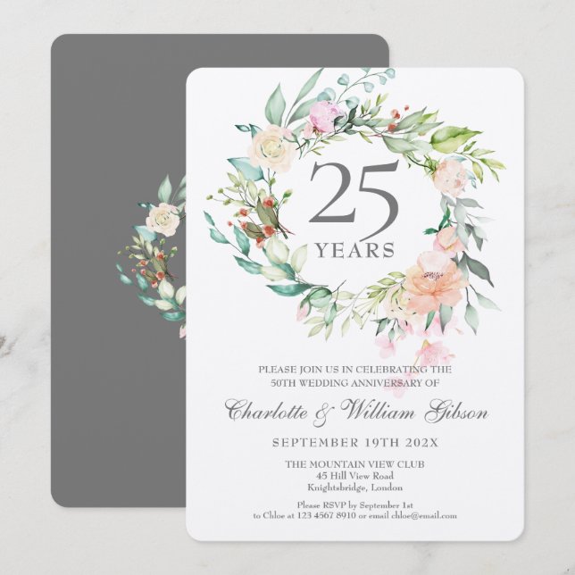 Invitation 25e anniversaire Mariage d'argent Floral Metallic (Devant / Derrière)