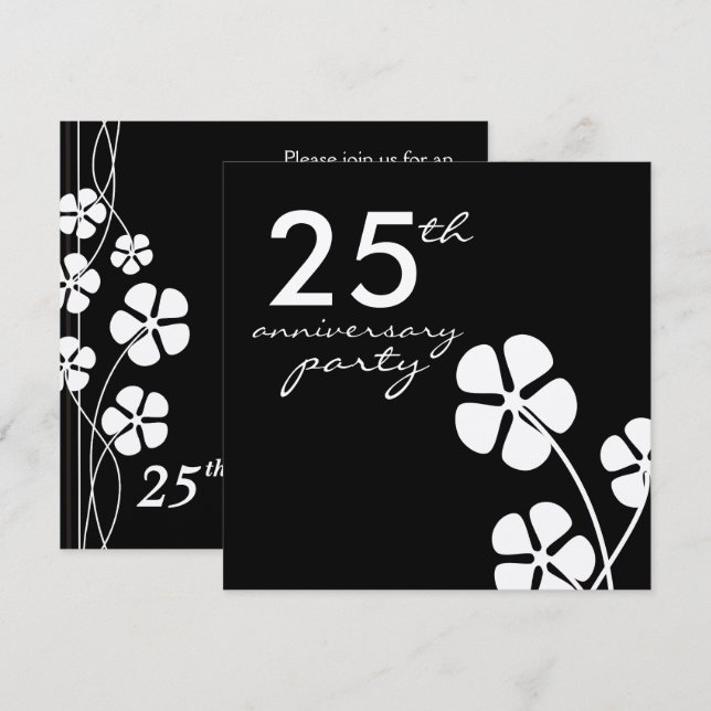 Invitation 25e anniversaire Mariage d'argent noir et blanc (Devant / Derrière)
