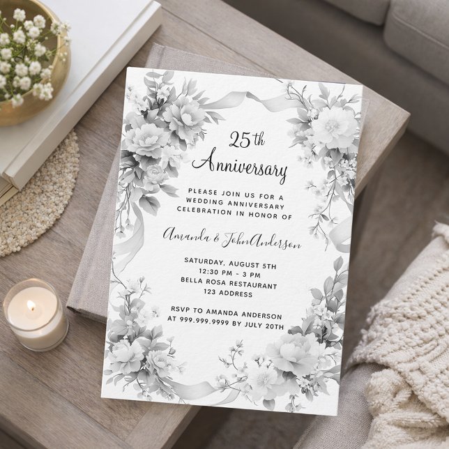 Invitation 25e anniversaire mariage florale argent luxe (Créateur téléchargé)