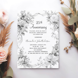 Invitation 25e anniversaire mariage florals argent luxe