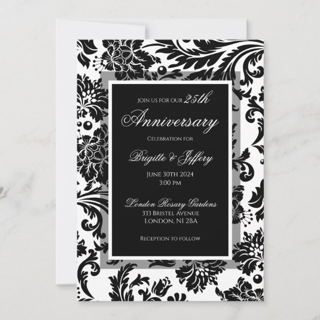 Invitation 25e anniversaire noir & blanc damassé personnalisé (Devant)