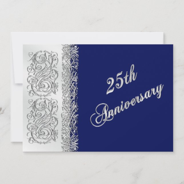 Invitation 25e Anniversaire Orné Argenté avec du Bleu Marine (Devant)