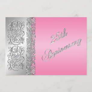 Invitation 25e Anniversaire Orné Argenté avec Rose