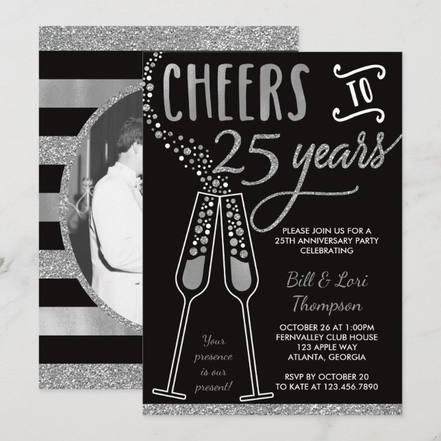 Invitation 25e anniversaire, paillettes et hologra (Devant / Derrière)