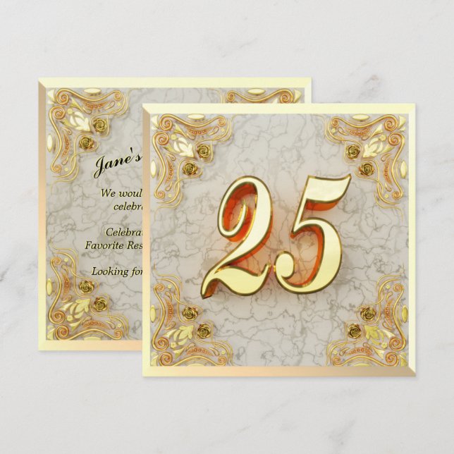 Invitation 25e anniversaire Regal Gold Marble Salutation ou (Devant / Derrière)