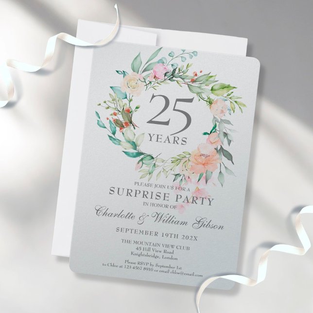 Invitation 25e anniversaire Surprise Party Floral Metallic (Créateur téléchargé)