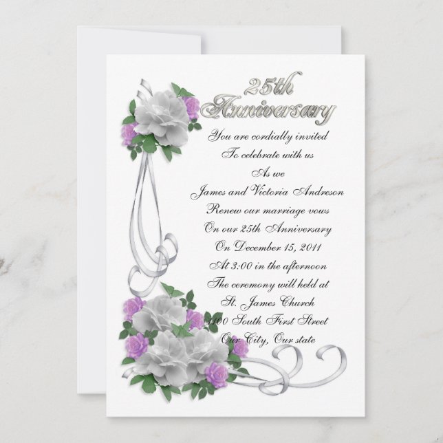 Invitation 25e anniversaire vow renouveau élégant Roses blanc (Devant)