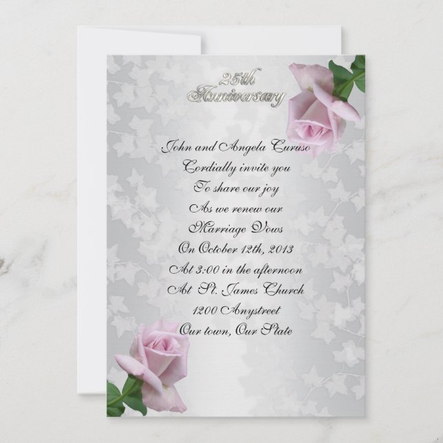 Invitation 25e anniversaire vow renouvellement lavande roses (Devant)
