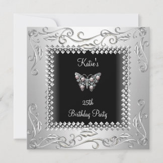 Invitation 25e fête d'anniversaire Papillon noir Argent Noir