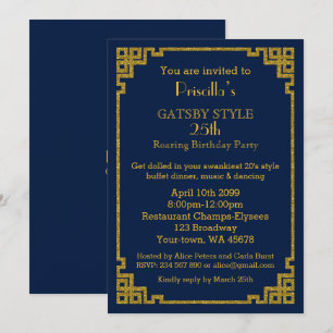 Invitation 25e, fête d'anniversaire, style Gatsby, marine & o