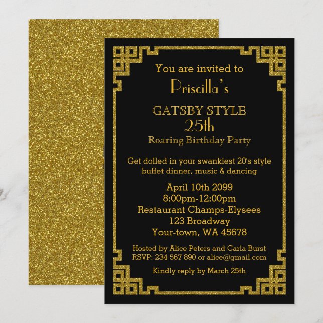 Invitation 25e, fête d'anniversaire, style Gatsby, noir & or (Devant / Derrière)