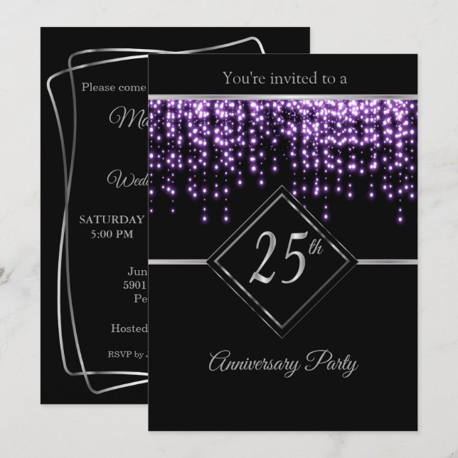 Invitation 25e Noces d'argent avec Purple Starlights (Devant / Derrière)