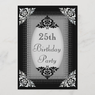 Invitation 25ème anniversaire noir et argenté élégant