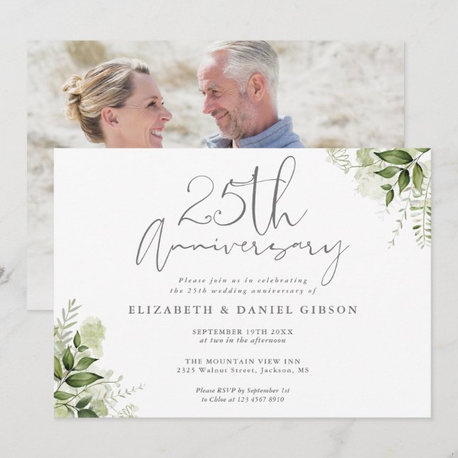 Invitation 25th Wedding Anniversary Greenery Floral Photo (Devant / Derrière)
