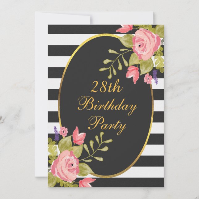 Invitation 28e anniversaire Floral Black White Stripes Gold F (Devant)