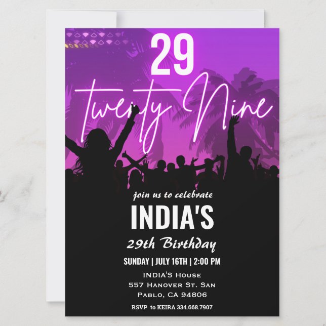 Invitation 29e anniversaire fête Pink Neon (Devant)