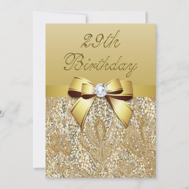 Invitation 29e anniversaire Gold Faux Sequins et Bow (Devant)