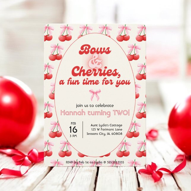 Invitation 2 Anniversaire Coquette Cerises Bows Bulles Lettre (Créateur téléchargé)