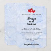 2 Coeurs en papier rouge sur Mariage en marbre ble
