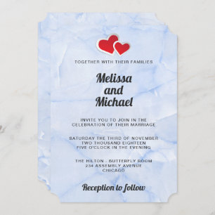 Invitation 2 Coeurs en papier rouge sur Mariage en marbre ble