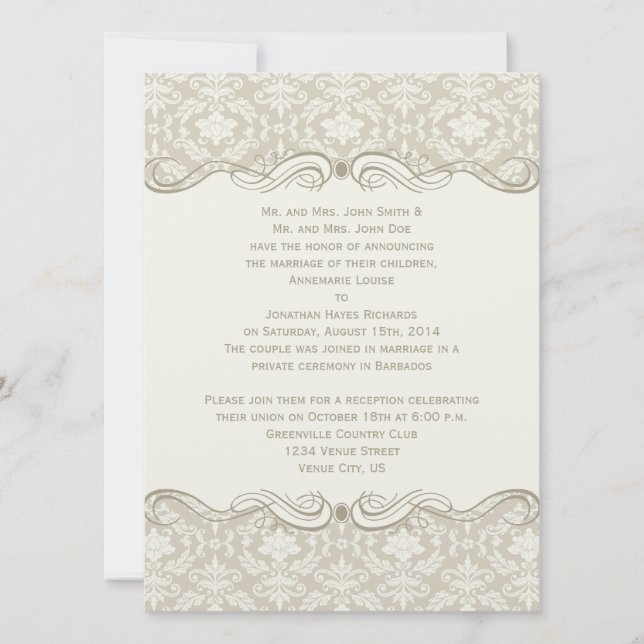 Invitation #2 Cream Tan Damask Swirls Post Mariage (Devant)