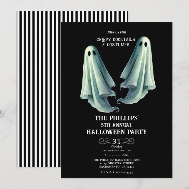 Invitation 2 Fantômes Éffrayant Halloween Fête Fantôme (Devant / Derrière)