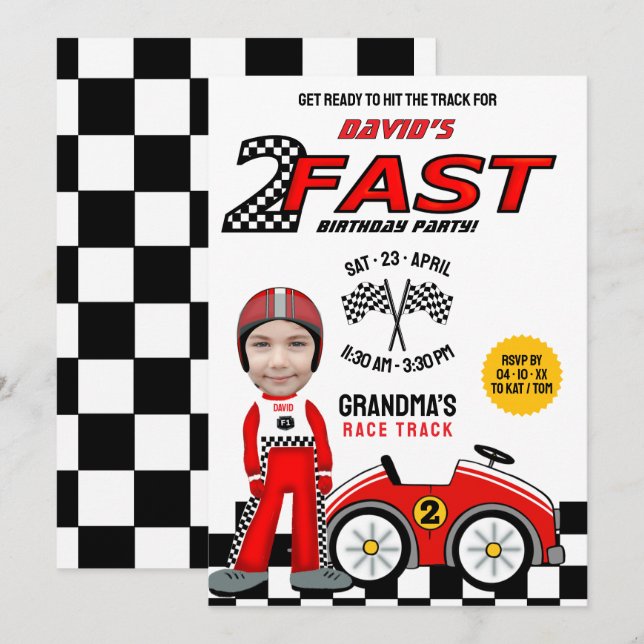 Invitation 2 Fête d'anniversaire rapide - Pilote de voiture d (Devant / Derrière)