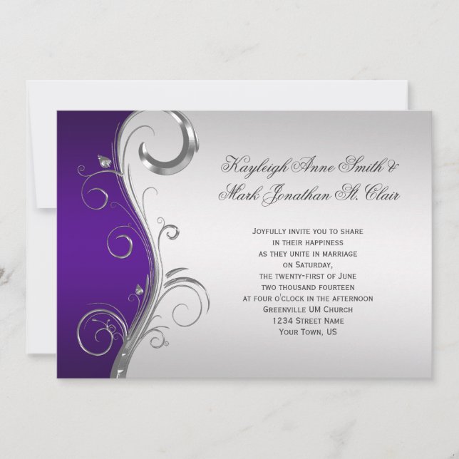 Invitation #2 Mariage de tourbillons floraux d'argent violet (Devant)