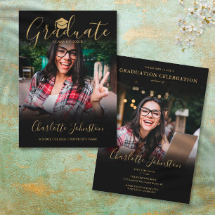 Invitation 2 Photo Black Gold Script Photo Graduation Party