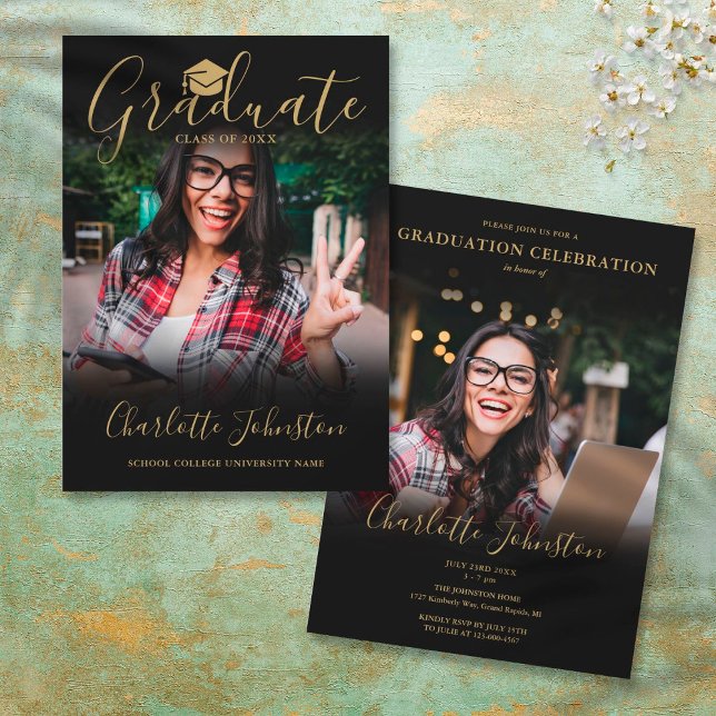 Invitation 2 Photo Black Gold Script Photo Graduation Party (2 Photo Black Gold Script Photo Graduation Party Invitation)