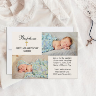 Invitation 2 Photo Boy Girl Gold Cross Religieux Baptême
