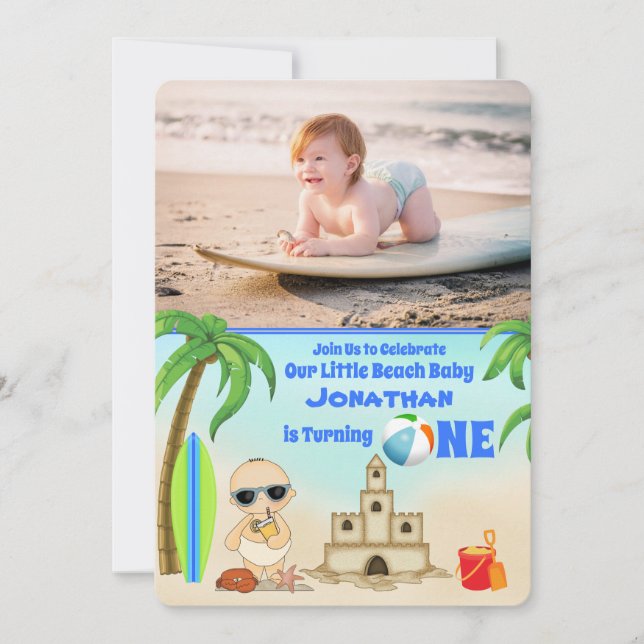 Invitation 2 Photo Cute Boy Beach Baby Surfboard 1er annivers (Devant)