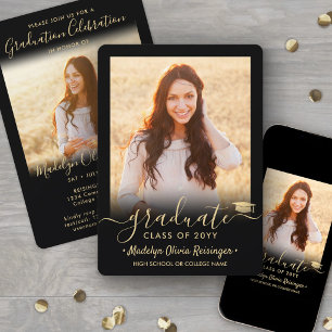 Invitation 2 Photo Graduation Party Élégant Noir et Or