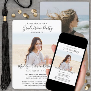 Invitation 2 Photo Graduation Party Simple Noir Blanc Script